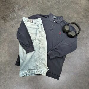 Polo Ralph Lauren Long Sleeve Polo Shirt Navy Blue Red Pony Vintage 90s Y2K L